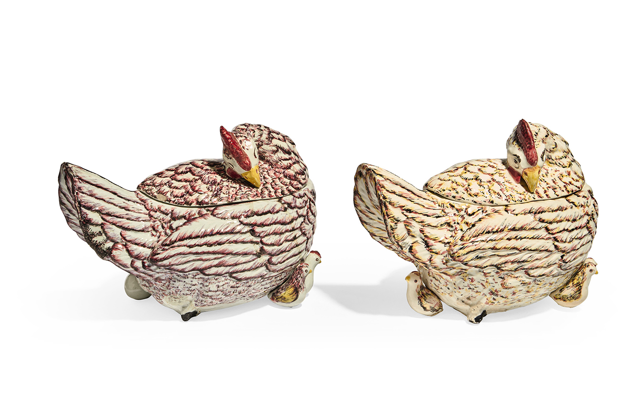 A matched pair of large continental earthenware hen tureens and covers, 19th century, acquired by the Duchess in circa 1980 (Courtesy: Sotheby's)